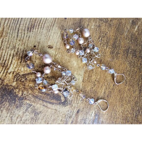 Pair of Vintage 1990s Long Dangle Earrings Gold Tone Chain Beaded Style - Picture 2 of 3